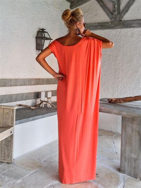 coral maxi dress coral kaftan asymmetric plus size dress oversize loose dress 35085