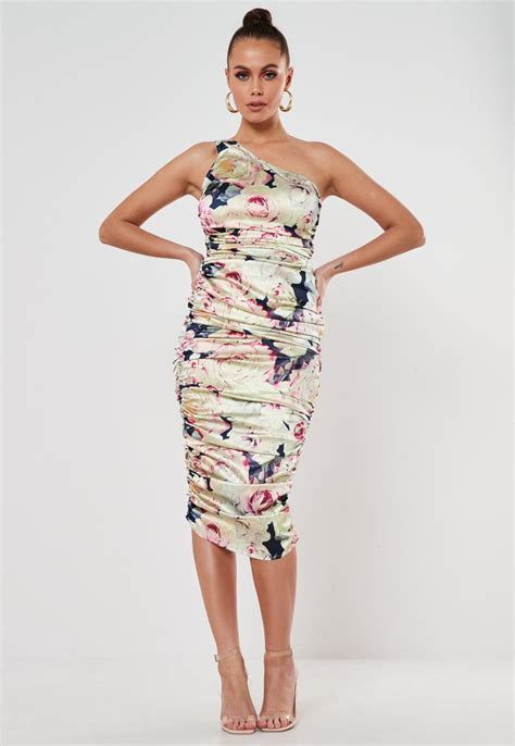 Navy Floral Stretch Satin Ruched One Shoulder Midi Dress Missguided