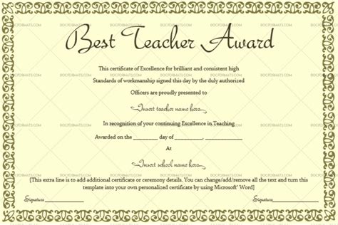 Best Teacher Award Certificate Warm Green 1236 Doc Formats