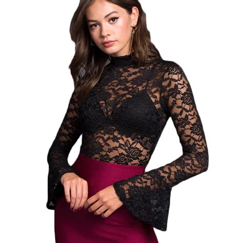 Turtleneck Lace Bodysuits Women Long Flared Sleeve Sexy Black Tops