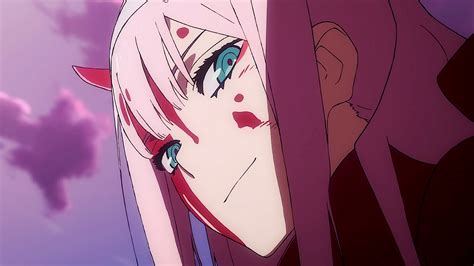 Darling In The Franxx Zero Two Hiro Closeup Of Zero Two With Purple Sky On Side Hd Anime