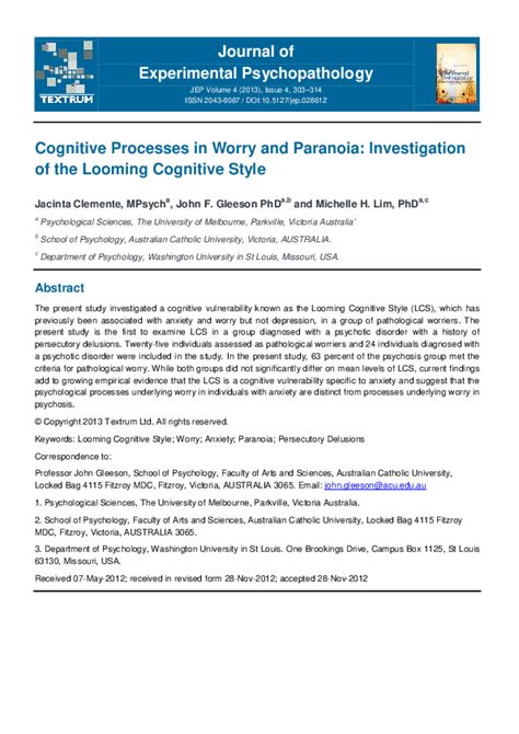 (PDF) Cognitive processes in worry and paranoia: Investigation of the Looming Cognitive Style ...