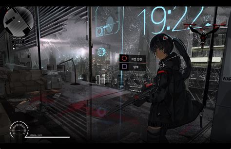 Wallpaper Anime Girls Weapon Korean Drone City Rain
