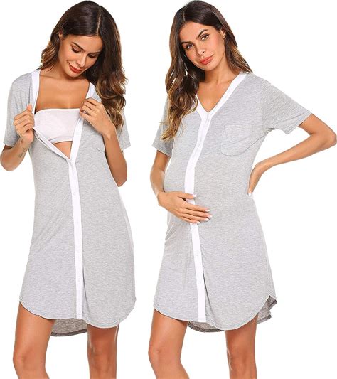 Maternity Nightgowns Nursing Sleepshirt Women Button Front Nightshirt Short Sleeve Nightgown