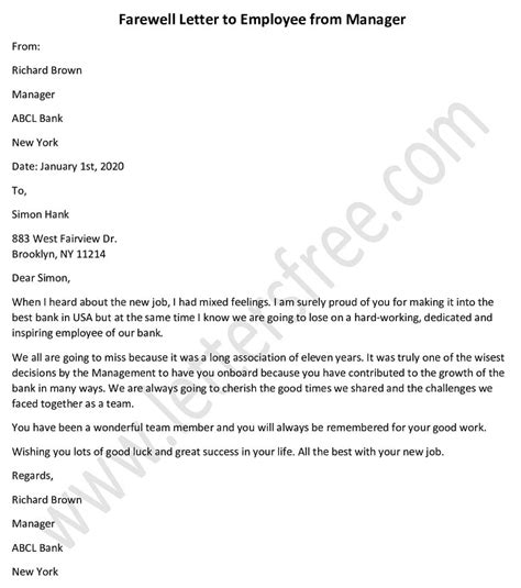 Sample Farewell Letter To Employee From Manager