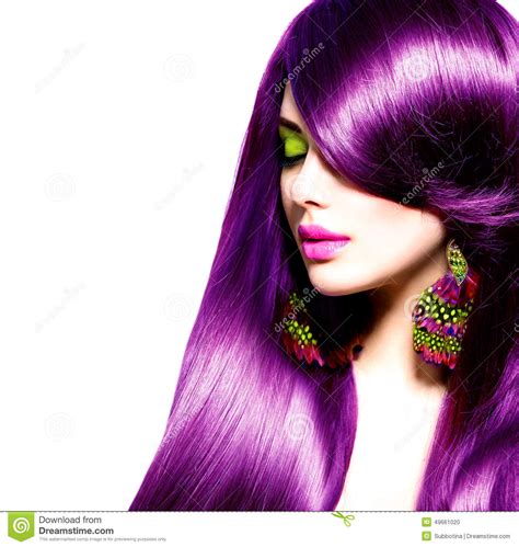 Beauty Woman With Long Healthy Purple Hair Stock Photo