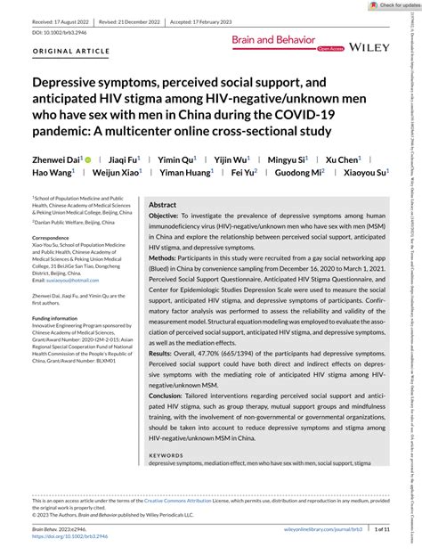 Pdf Depressive Symptoms Perceived Social Support And Anticipated Hiv Stigma Among Hiv