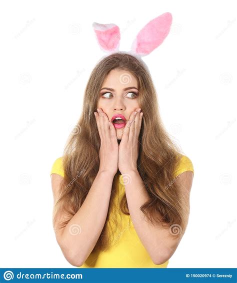 Emotional Young Woman With Easter Bunny Ears On White Background Stock