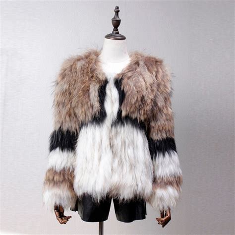 fur story 17107 women knitted real raccoon fur coat winter warm contrast color patchwork outwear