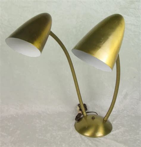 Vintage Mid Century Modern Double Gooseneck Desk Lamp Gold Bullet