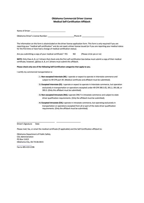 Well, now you're in luck. Oklahoma Commercial Driver License Medical Self-Certification Affidavit printable pdf download