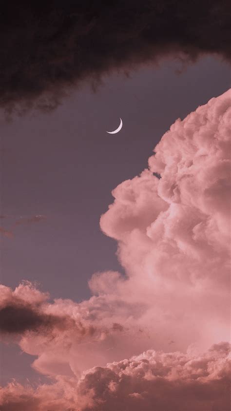 Pink Sky Clouds Moon Sunset