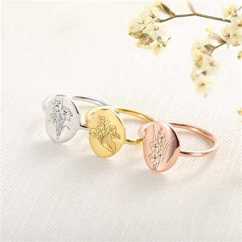 Personalized Birth Flower Ring With Engraving For Her
