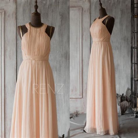 2015 Peach Bridesmaid Dress Peach Spaghetti Strap Chiffon Dress Long