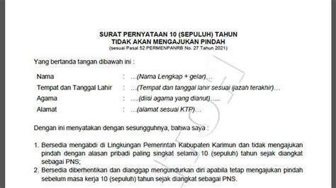 Contoh Surat Pernyataan 10 Tahun Tidak Akan Mengajukan Pindah CPNS 2021