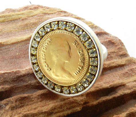 Vtg Queen Elizabeth Ii Ring Sterling Silver 925 Gold Plated 24k Coin
