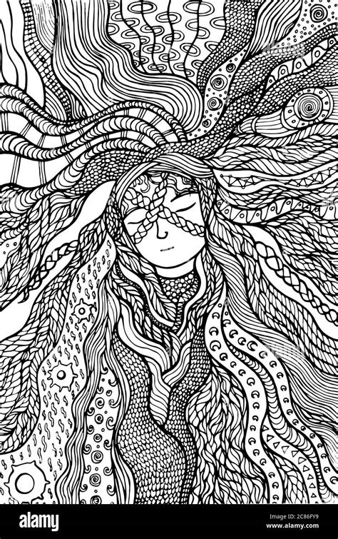 Fantasy Girl Hair Coloring Page Hand Drawn Doodle Zentangle Fairy