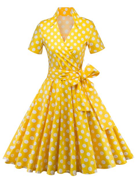 yellow polka dot print bow sashes v neck short sleeve 50s vintage cocktail party midi dress