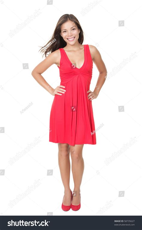 Beautiful Woman Standing In Red Dress Isolated On White In Full Length
