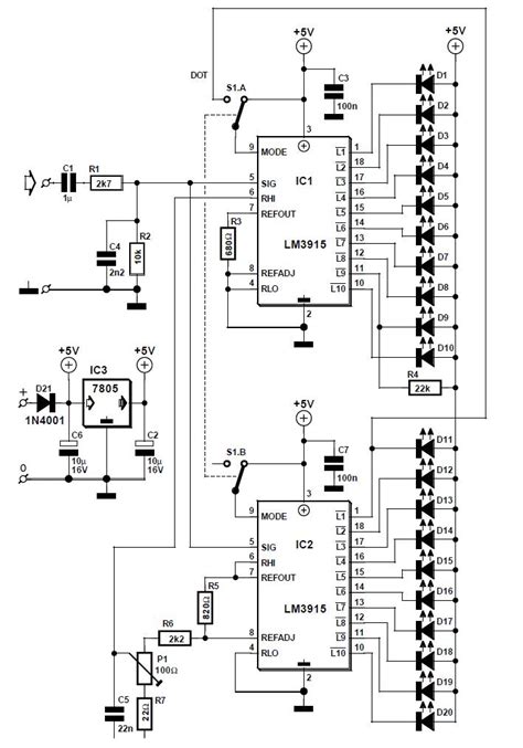 Led vu meter display sangat membantu 27 best vu metre images electronics projects circuit diagram. 60-dB LED VU Meter Schematic Circuit Diagram