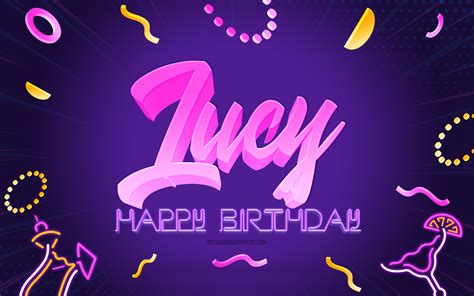 Download Wallpapers Happy Birthday Lucy 4k Purple Party Background