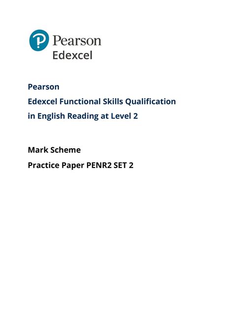Pearson Edexcel Functional Skills English Level 2 Reading Mark Scheme