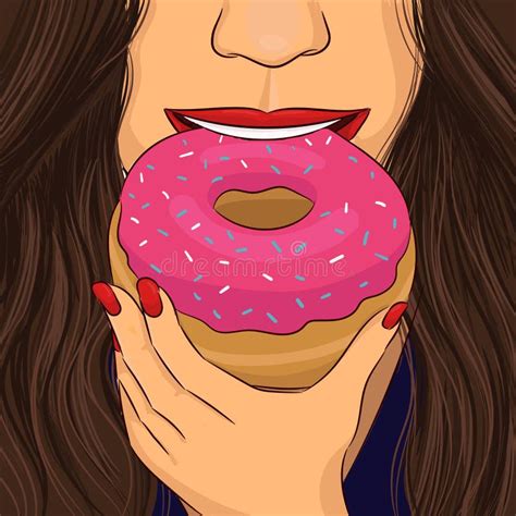 Woman Eat Donut With Pink Glaze Hand Drawing Portrait Stock Vector Illustration Of Nosh Flour