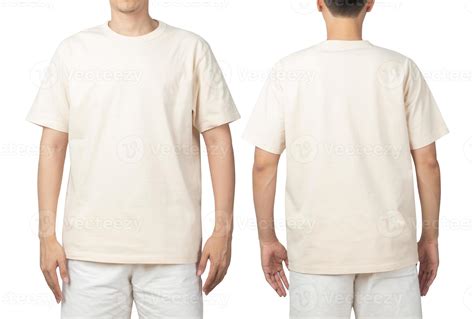 Young Man In Blank Beige T Shirt Mockup Front And Back Used As Design