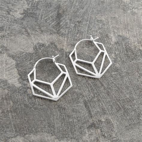Hexagonal Geometric Silver Hoop Earrings In Silver Hoop Earrings