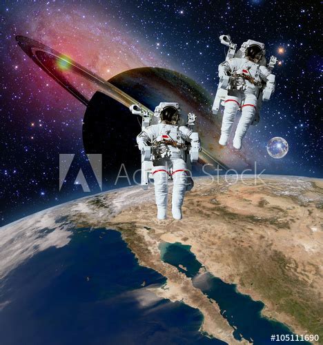 Two Astronauts Spaceman Saturn Planet Spacewalk Outer