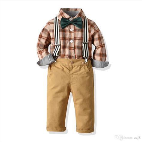 Baby Boy Suspenders Outfit Autumn Cotton Gentleman Brown Plaid Romper
