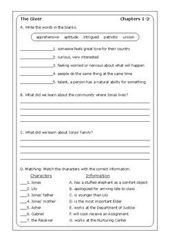 lois lowry  giver worksheets  peter  teachers