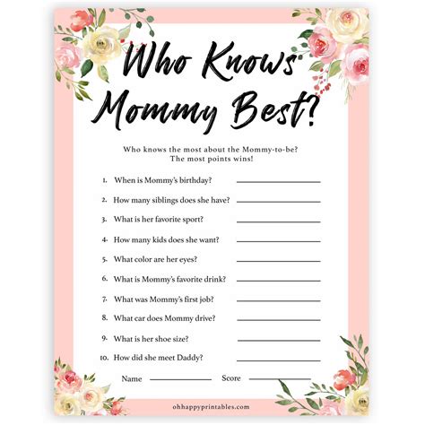 Who Knows Mommy Best Game Spring Floral Printable Baby Shower Games