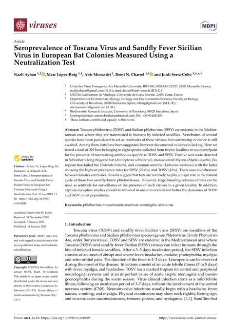 Pdf Seroprevalence Of Toscana Virus And Sandfly Fever Sicilian Virus In European Bat Colonies