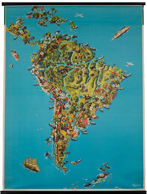 Pictorial Wall Map Of South America Circa 1957