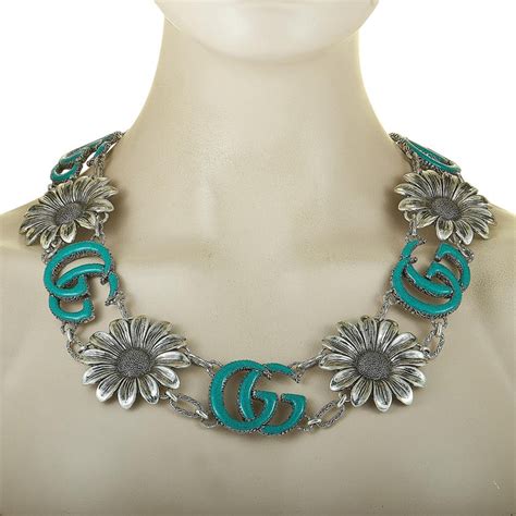 Gucci Gg Marmont Aged Sterling Silver And Turquoise Resin Flower Motif
