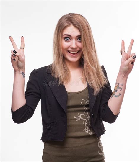 Young Teenager Girl Showing Victory Sign Stock Photo Image Of Lady