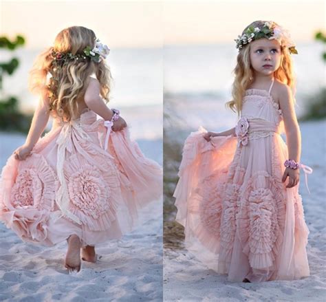 Pink Flower Girls Dresses For Wedding 2016 Lace Applique Ruffles Kids