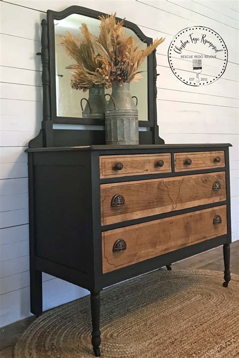 Antique Mirror Dresser Makeover Two Toned Black And Wood Oh My