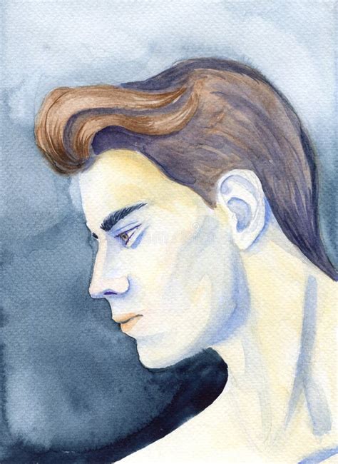 Hand Painted Watercolor Portrait Of The Caucasian Young Beautiful Man