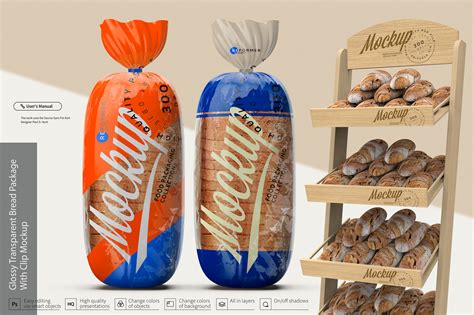 Download Glossy Transparent Bread Package with Clip Mockup in ...
