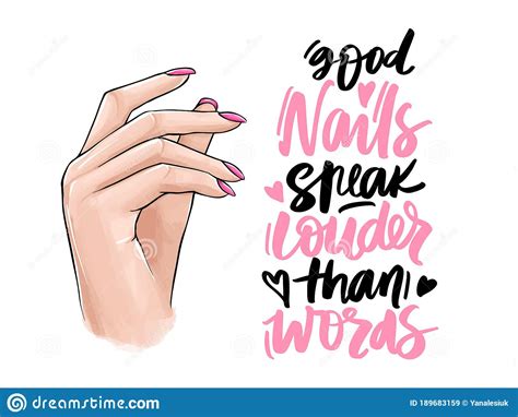 Vector Beautiful Woman Hands With Pink Nail Polish Handwritten Lettering About Nails And