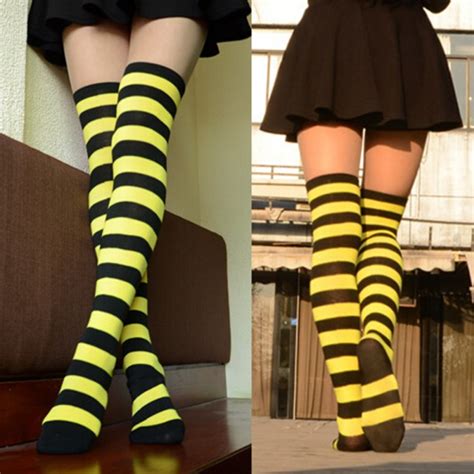 women girl high stockings over knee socks ladies cotton striped thigh plus size ebay