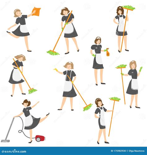 Set Of Cleaning Housemaid Ladies In Different Poses With The Mop