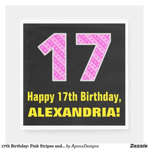17th Birthday Pink Stripes And Hearts 17 Name Napkins