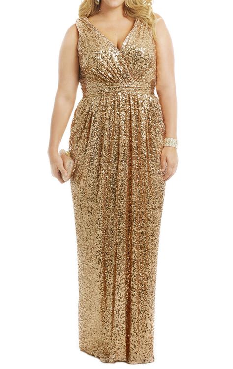 Macloth Straps V Neck Sequin Gold Long Bridesmaid Dress Plus Size Form
