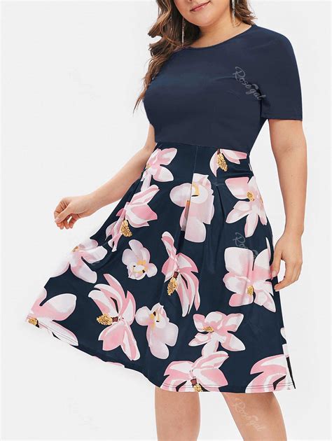 Flower Plus Size Midi A Line Dress 27 Off Rosegal