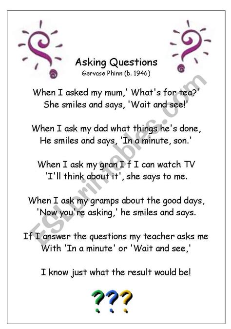 Poem With Questions Worksheet