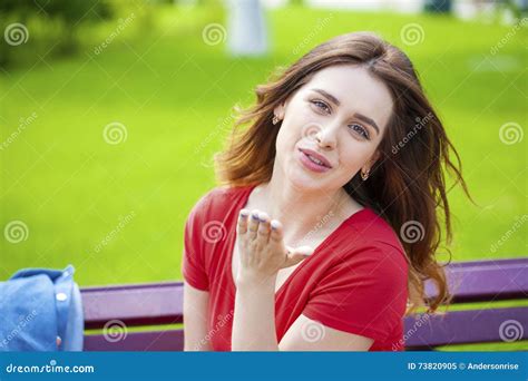 Blow Kiss Young Caucasian Female Haired Model Stock Image Image Of Blows Brunette 73820905