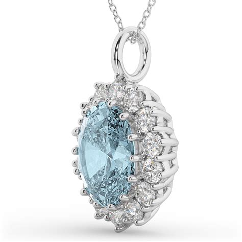 Oval Aquamarine And Diamond Halo Pendant Necklace 14k White Gold 640ct